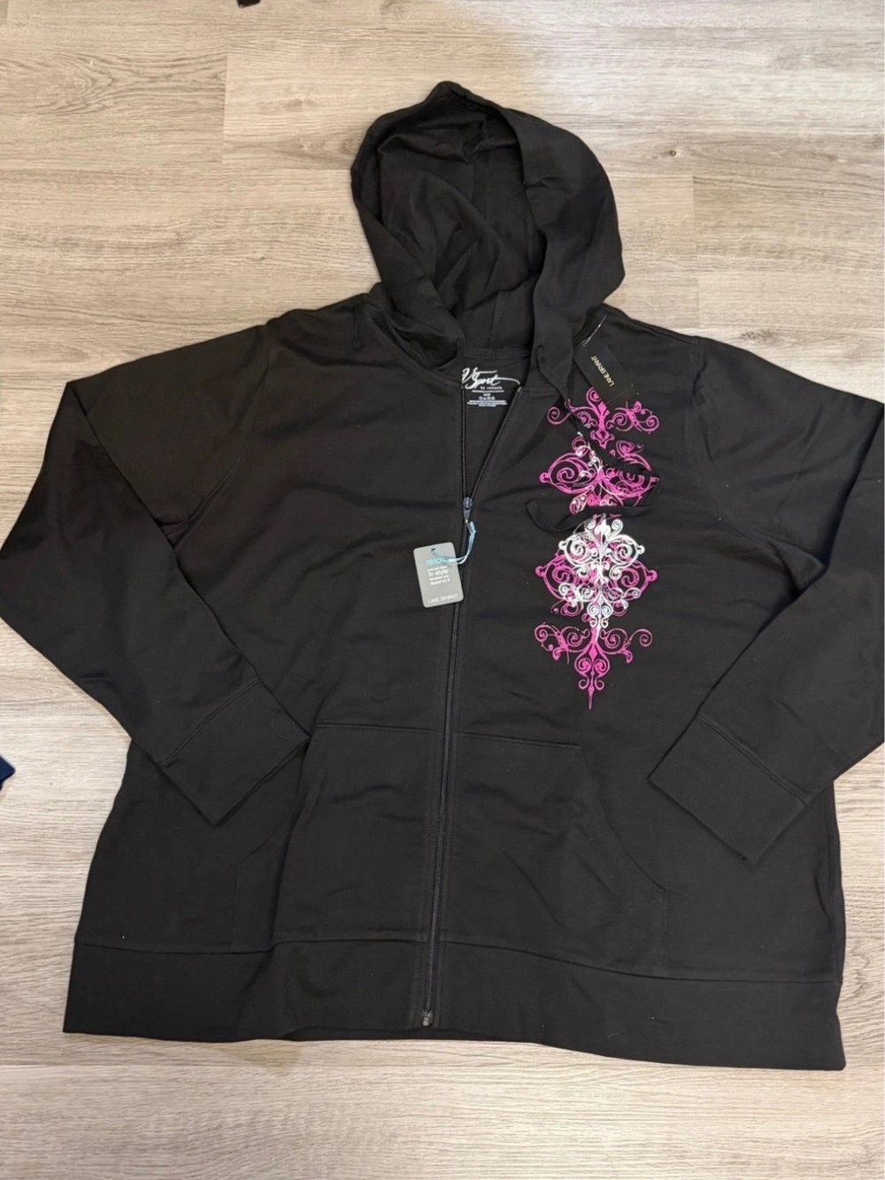 Lane Bryant Black Hooded Zip Sweatshirt with Pink and White Embroidery